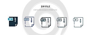 Zip file icon in different style vector illustration. two colored and black zip file vector icons designed in filled, outline,