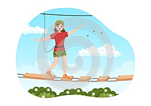 Zip Line Illustration with Visitors Walking on an Obstacle Course and Outdoor Rope Adventure Park in Forest in Cartoon Hand Drawn