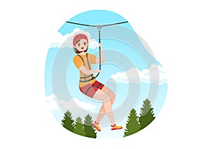 Zip Line Illustration with Visitors Walking on an Obstacle Course and Outdoor Rope Adventure Park in Forest in Cartoon Hand Drawn