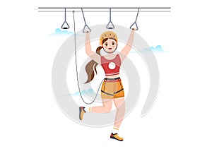 Zip Line Illustration with Visitors Walking on an Obstacle Course and Outdoor Rope Adventure Park in Forest in Cartoon Hand Drawn