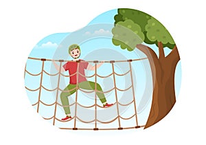 Zip Line Illustration with Visitors Walking on an Obstacle Course and Outdoor Rope Adventure Park in Forest in Cartoon Hand Drawn