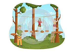 Zip Line Illustration with Visitors Walking on an Obstacle Course and Outdoor Rope Adventure Park in Forest in Cartoon Hand Drawn