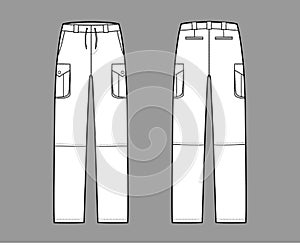 Zip-off convertible pants technical fashion illustration with low waist, high rise, box cargo jetted pockets, drawstring
