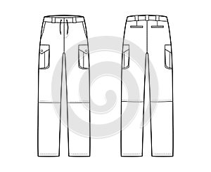 Zip-off convertible pants technical fashion illustration with low waist, high rise, box cargo jetted pockets, drawstring photo