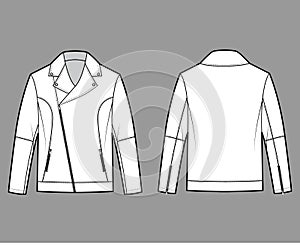 Zip-up biker jacket technical fashion illustration with zip front fold-over lapels collar, welt pockets, moto details