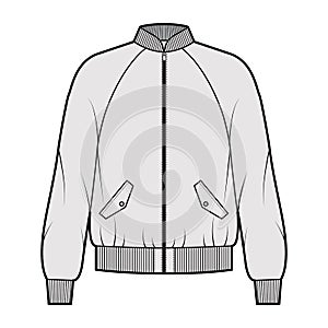 Zip-up Bomber ma-1 flight jacket technical fashion illustration with Rib baseball collar, cuffs, long raglan sleeves