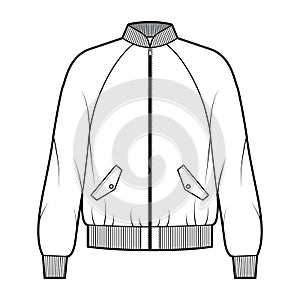 Zip-up Bomber ma-1 flight jacket technical fashion illustration with Rib baseball collar, cuffs, long raglan sleeves