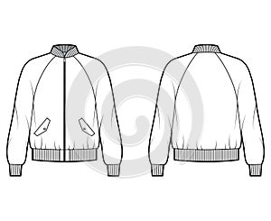Zip-up Bomber ma-1 flight jacket technical fashion illustration with Rib baseball collar, cuffs, long raglan sleeves
