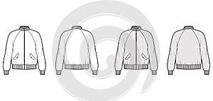 Zip-up Bomber ma-1 flight jacket technical fashion illustration with Rib baseball collar, cuffs, long raglan sleeves
