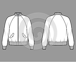 Zip-up Bomber ma-1 flight jacket technical fashion illustration with Rib baseball collar, cuffs, long raglan sleeves