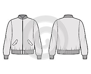 Zip-up Bomber ma-1 flight jacket technical fashion illustration with Rib collar, cuffs, waist, oversized, long sleeves