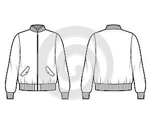 Zip-up Bomber ma-1 flight jacket technical fashion illustration with Rib collar, cuffs, waist, oversized, long sleeves