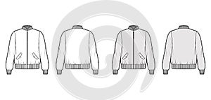 Zip-up Bomber ma-1 flight jacket technical fashion illustration with Rib collar, cuffs, waist, oversized, long sleeves