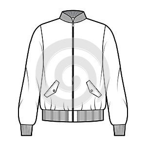 Zip-up Bomber ma-1 flight jacket technical fashion illustration with Rib collar, cuffs, waist, oversized, long sleeves