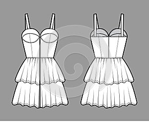 Zip-up bustier dress technical fashion illustration with shoulder straps, fitted body, 2 row mini length tiered skirt.