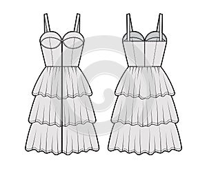 Zip-up bustier dress technical fashion illustration with sleeveless, fitted body, 3 row knee length ruffle tiered skirt