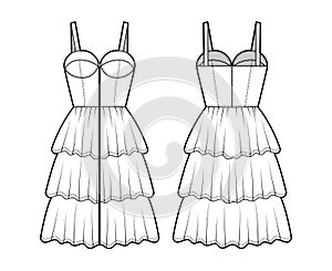 Zip-up bustier dress technical fashion illustration with sleeveless, fitted body, 3 row knee length ruffle tiered skirt