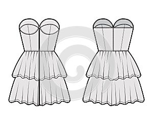 Zip-up bustier dress technical fashion illustration with strapless, fitted body, 2 row mini length ruffle tiered skirt.