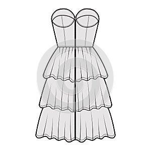 Zip-up bustier dress technical fashion illustration with strapless, fitted body, 3 row knee length ruffle tiered skirt.