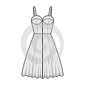 Zip-up dress denim bustier technical fashion illustration with sleeveless, fitted body, knee length A-line skirt. Flat