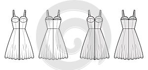 Zip-up dress denim bustier technical fashion illustration with sleeveless, fitted body, knee length A-line skirt. Flat