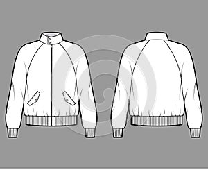 Zip-up Harrington Bomber jacket technical fashion illustration with Rib cuffs, waist, long raglan sleeves, flap pockets