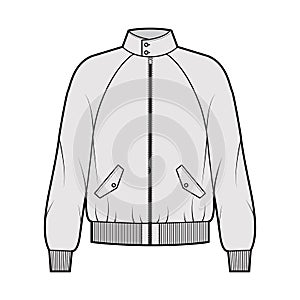 Zip-up Harrington Bomber jacket technical fashion illustration with Rib cuffs, waist, long raglan sleeves, flap pockets