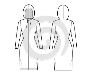 Zip-up Hoody dress technical fashion illustration with long sleeves, knee length, fitted body, Pencil fullness. Flat