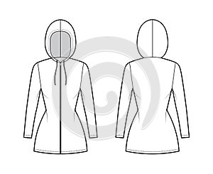 Zip-up Hoody dress technical fashion illustration with long sleeves, mini length, fitted body, Pencil fullness. Flat