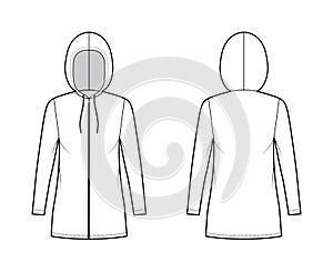 Zip-up Hoody dress technical fashion illustration with long sleeves, mini length, oversized body, Pencil fullness. Flat