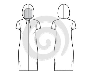 Zip-up Hoody dress technical fashion illustration with short sleeves, knee length, oversized body, Pencil fullness. Flat