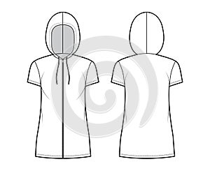 Zip-up Hoody dress technical fashion illustration with short sleeves, mini length, oversized body, Pencil fullness