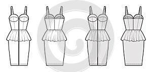 Zip-up peplum bustier dress technical fashion illustration with sleeveless, cups, fitted body, knee length skirt. Flat