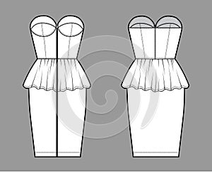 Zip-up peplum bustier dress technical fashion illustration with strapless, cups, fitted body, knee length skirt. Flat