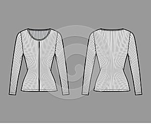 Zip-up ribbed cotton-jersey top technical fashion illustration with long sleeves, slim fit, scoop henley neckline shirt photo