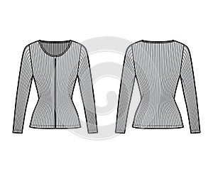 Zip-up ribbed cotton-jersey top technical fashion illustration with long sleeves, slim fit, scoop henley neckline shirt photo