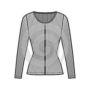 Zip-up ribbed cotton-jersey top technical fashion illustration with long sleeves, slim fit, scoop henley neckline shirt photo