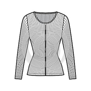 Zip-up ribbed cotton-jersey top technical fashion illustration with long sleeves, slim fit, scoop henley neckline shirt photo