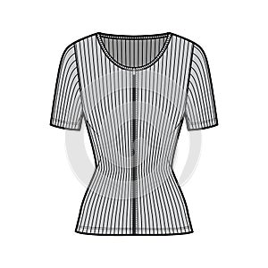 Zip-up ribbed cotton-jersey top technical fashion illustration with short sleeves, slim fit, scoop henley neckline shirt photo