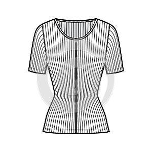 Zip-up ribbed cotton-jersey top technical fashion illustration with short sleeves, slim fit, scoop henley neckline shirt photo