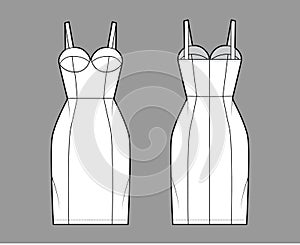 Zip-up tube dress technical fashion illustration with bustier, sleeveless, shoulder straps, fitted body, knee length