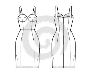 Zip-up tube dress technical fashion illustration with bustier, sleeveless, shoulder straps, fitted body, knee length