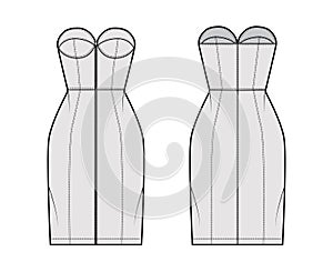 Zip-up tube dress technical fashion illustration with bustier, sleeveless, strapless, fitted body, knee length skirt.