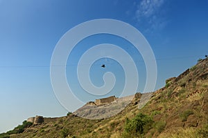 Zipline tourist flying over Rao Jodha Desert Rock Park, Jodhpur, Rajasthan, India. Near the historic Mehrangarh Fort , park