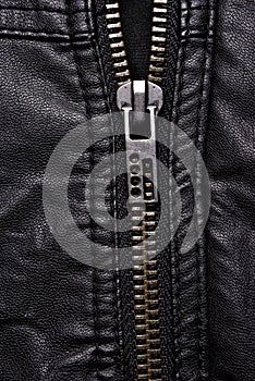 Zipper on black leather jacket