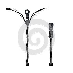 Zipper. Closed and open black zip. Vector illustration isolated on white background