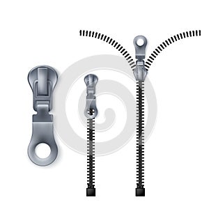 Zipper. Closed and open zip set. Vector illustration isolated on white background