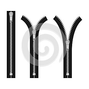 Zipper isolated on white background, Clothes zips, split cloth pulling zip, open or unzipped and close or zipper metal