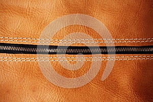 Zipper of leather bag.