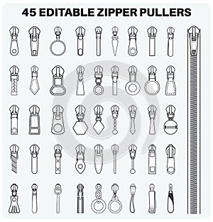 Zipper pullers flat sketch vector illustration set, different types of Zip pull for fasteners, dresses garments, bags, Fashion